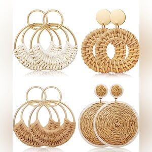 NWT 4 Pairs Handmade Raffia Rattan Bohemian Round Drop Dangle Earrings